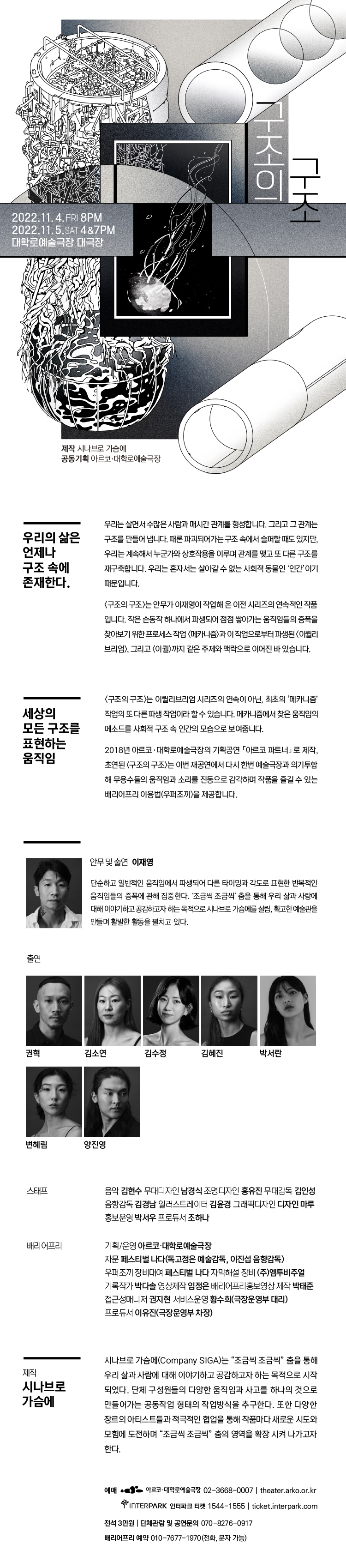 2022 시나브로 가슴에 기획공연 아르코?대학로예술극장 공동기획 구조의 구조 2022년 11월 4일(금) 오후 8시 2022년 11월 6일(토) 오후 4시&7시 대학로예술극장 대극장 우리의 삶은 언제나 구조 속에 존재한다. 우리는 살면서 수많은 사람과 매시간 관계를 형성합니다. 그리고 그 관계는 구조를 만들어 냅니다. 때론 파괴되어가는 구조 속에서 슬퍼할 때도 있지만, 우리는 계속해서 누군가와 상호작용을 이루며 관계를 맺고 또 다른 구조를 재구축합니다. 우리는 혼자서는 살아갈 수 없는 사회적 동물인 ‘인간’이기 때문입니다. <구조의 구조>는 안무가 이재영이 작업해 온 이전 시리즈의 연속적인 작품입니다. 작은 손동작 하나에서 파생되어 점점 쌓아가는 움직임들의 증폭을 찾아보기 위한 프로세스 작업 <메카니즘>과 이 작업으로부터 파생된 <이퀼리브리엄>, 그리고 <이퀄>까지 같은 주제와 맥락으로 이어진 바 있습니다. 세상의 모든 구조를 표현하는 움직임 <구조의 구조>는 이퀼리브리엄 시리즈의 연속이 아닌, 최초의 ‘메카니즘’ 작업의 또 다른 파생 작업이라 할 수 있습니다. 메카니즘에서 찾은 움직임의 메소드를 사회적 구조 속 인간의 모습으로 보여줍니다. 2018년 아르코·대학로예술극장의 기획공연 ?아르코 파트너?로 제작, 초연된 <구조의 구조>는 이번 재공연에서 다시 한번 예술극장과 의기투합해 무용수들의 움직임과 소리를 진동으로 감각 하며 작품을 즐길 수 있는 배리어프리 이용법(우퍼조끼)을 제공합니다. [안무 및 출연] 이재영 단순하고 일반적인 움직임에서 파생되어 다른 타이밍과 각도로 표현한 반복적인 움직임들의 증폭에 관해 집중한다. ‘조금씩 조금씩’ 춤을 통해 우리 삶과 사랑에 대해 이야기하고 공감하고자 하는 목적으로 시나브로 가슴에를 설립, 확고한 예술관을 만들며 활발한 활동을 펼치고 있다. [출연] 권혁, 김소연, 김수정, 김혜진, 박서란, 변혜림, 양진영 [스태프] 음악 김현수 무대디자인 남경식 조명디자인 홍유진 무대감독 김인성 음향감독 김경남 일러스트레이터 김윤경 그래픽디자인 디자인 마루 홍보운영 박서우 프로듀서 조하나 [배리어프리] 기획?운영 아르코?대학로예술극장 자문 페스티벌 나다(독고정은 예술감독, 이진섭 음향감독) 우퍼조끼 장비대여 페스티벌 나다 자막해설 장비 ㈜엠투비주얼 과정기록 박다솔 영상제작 임정은 배리어프리홍보영상 제작 박태준 접근성매니져 권지현 서비스운영 황수희 극장운영부 대리 프로듀서 이유진 극장운영부 차장 제작 시나브로 가슴에(Company SIGA)는“조금씩 조금씩” 춤을 통해 우리 삶과 사람에 대해 이야기하고 공감하고자 하는 목적으로 시작되었다. 단체 구성원들의 다양한 움직임과 사고를 하나의 것으로 만들어가는 공동작업 형태의 작업방식을 추구한다. 또한 다양한 장르의 아티스트들과 적극적인 협업을 통해 작품마다 새로운 시도와 모험에 도전하며 '조금씩 조금씩' 춤의 영역을 확장 시켜 나가고자 한다. 예매 아르코대학로예술극장(로고) 02-3668-0007 theater.arko.or.kr 인터파크 티켓 1544-1555 ticket.interpark.com 전석 3만원 단체관람 및 공연문의 070-8276-0917 배리어프리 예약 010-7677-1970(전화,문자 가능) 